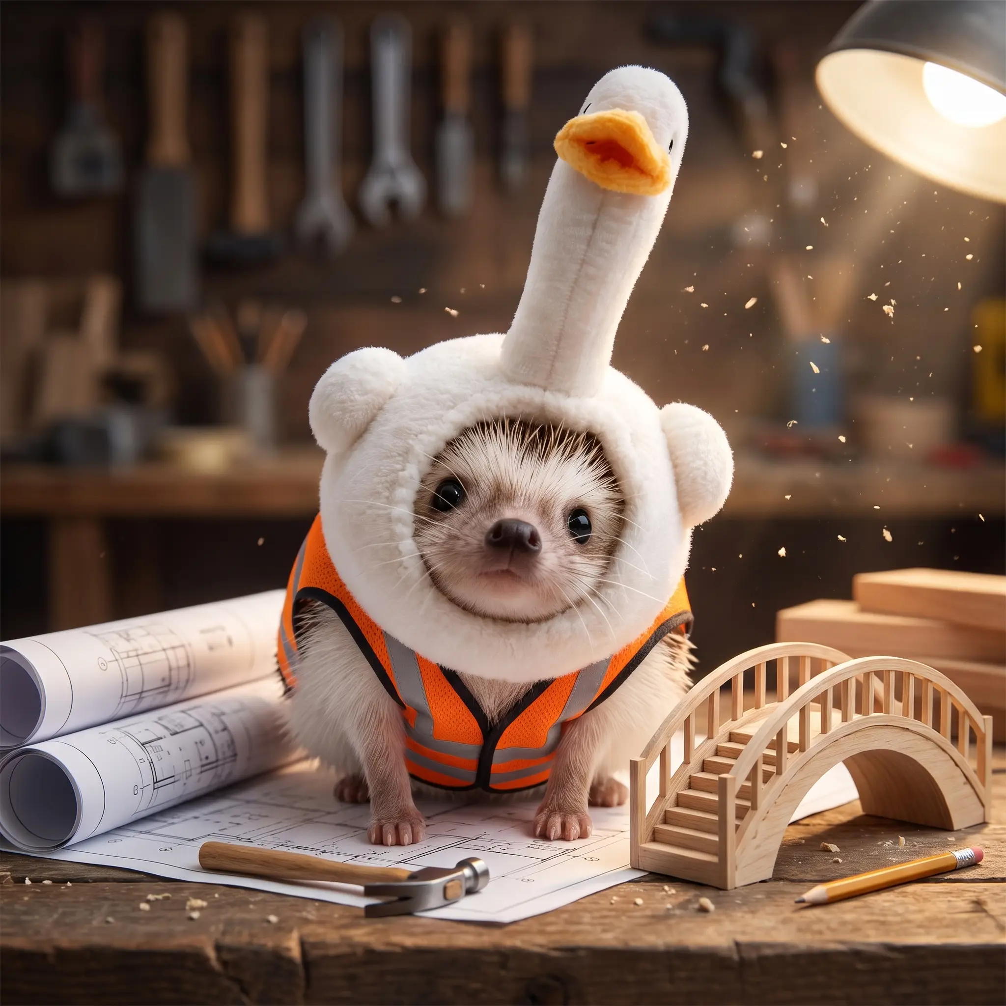 HedgeHog in a tiny hi-vis vest beside blueprints and a model arch bridge