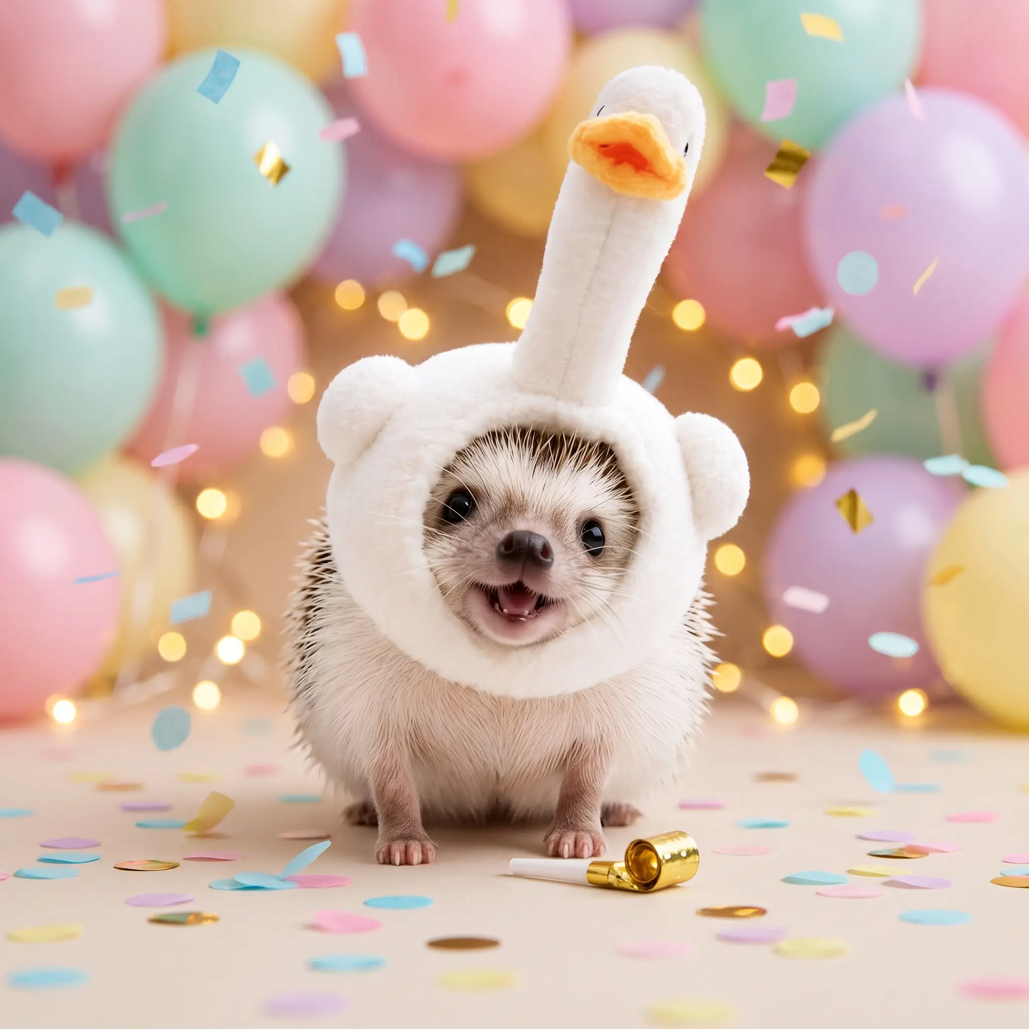 HedgeHog celebrating under falling confetti with balloons behind