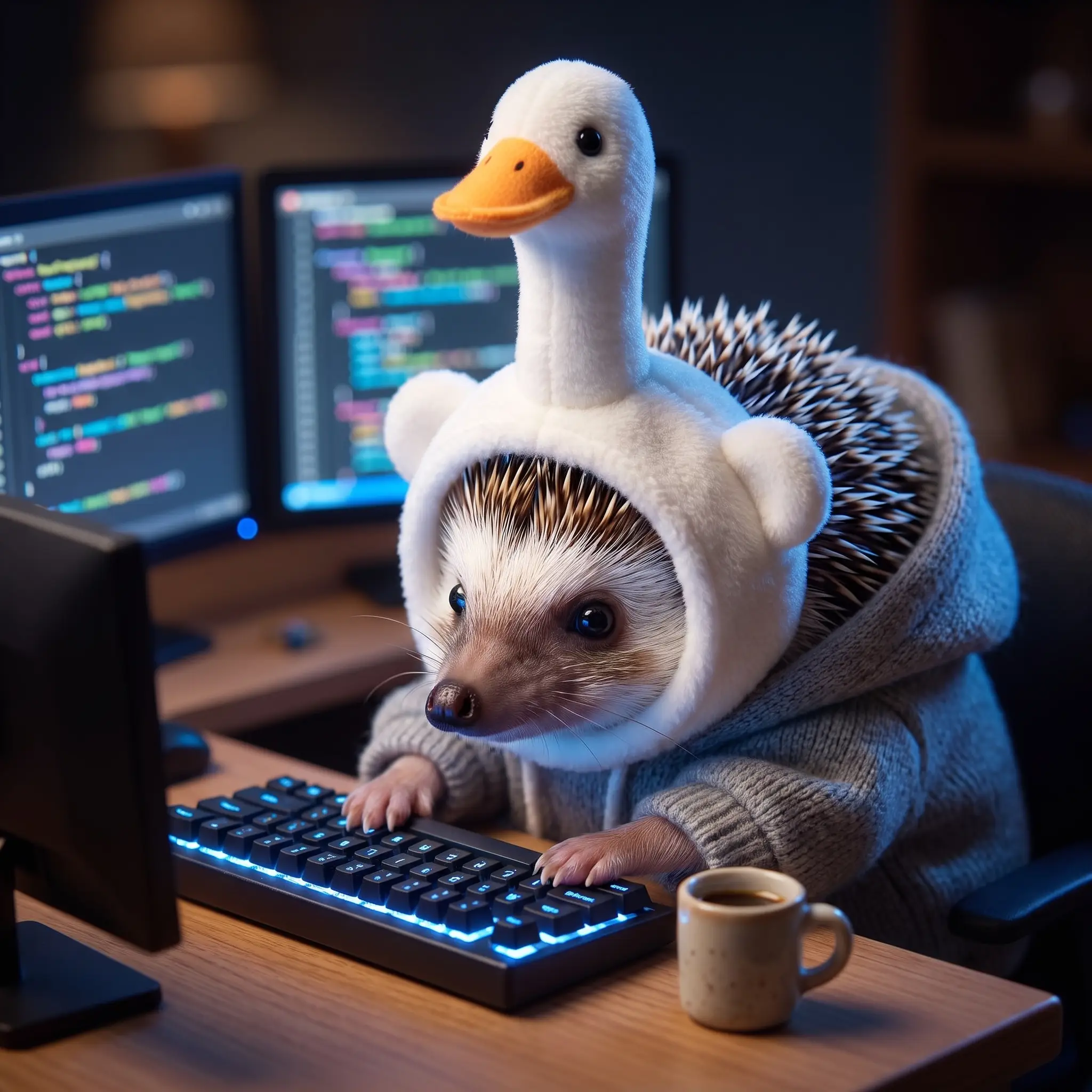 HedgeHog coding at a tiny mechanical keyboard in a dark developer room