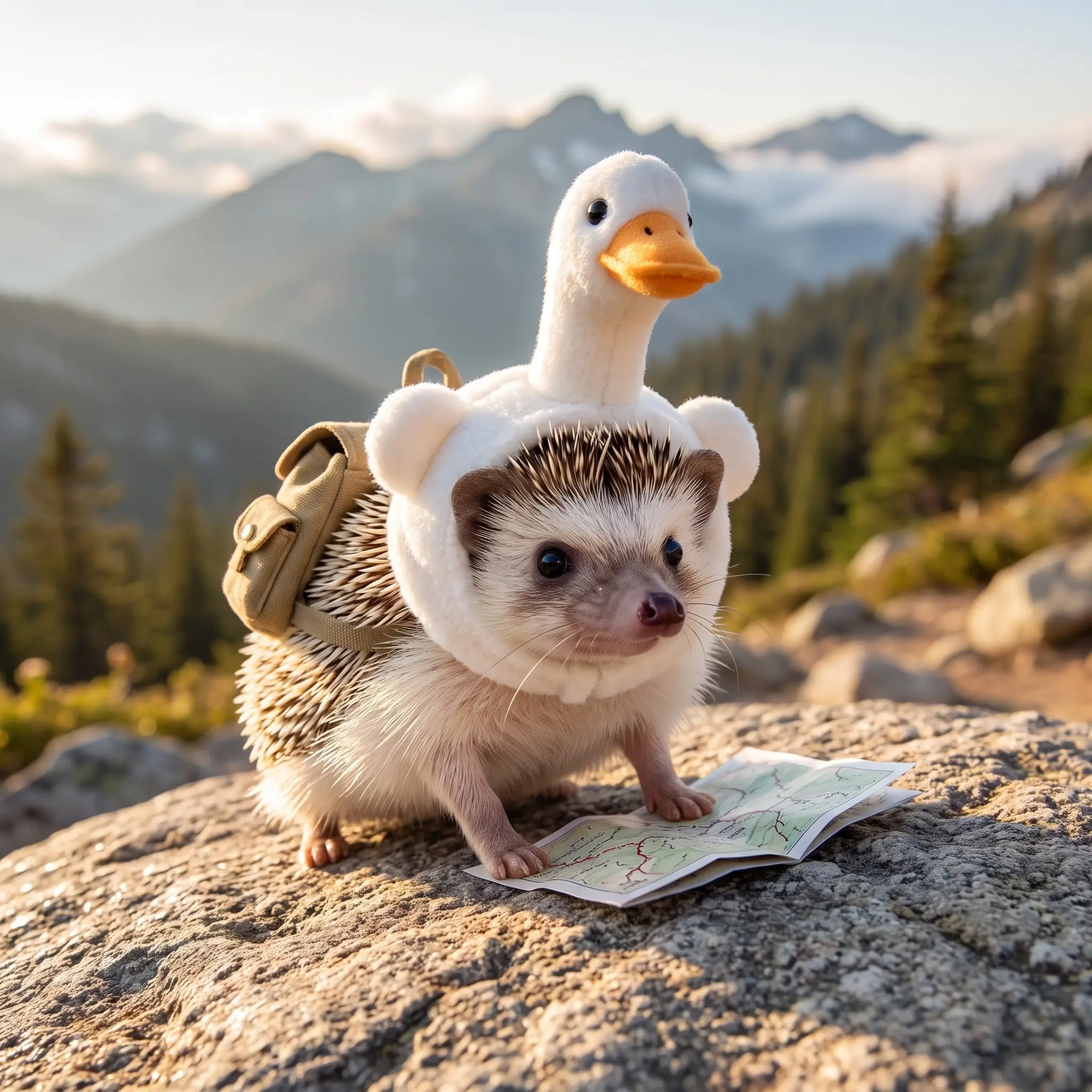 HedgeHog with a tiny backpack and map on a golden mountain trail