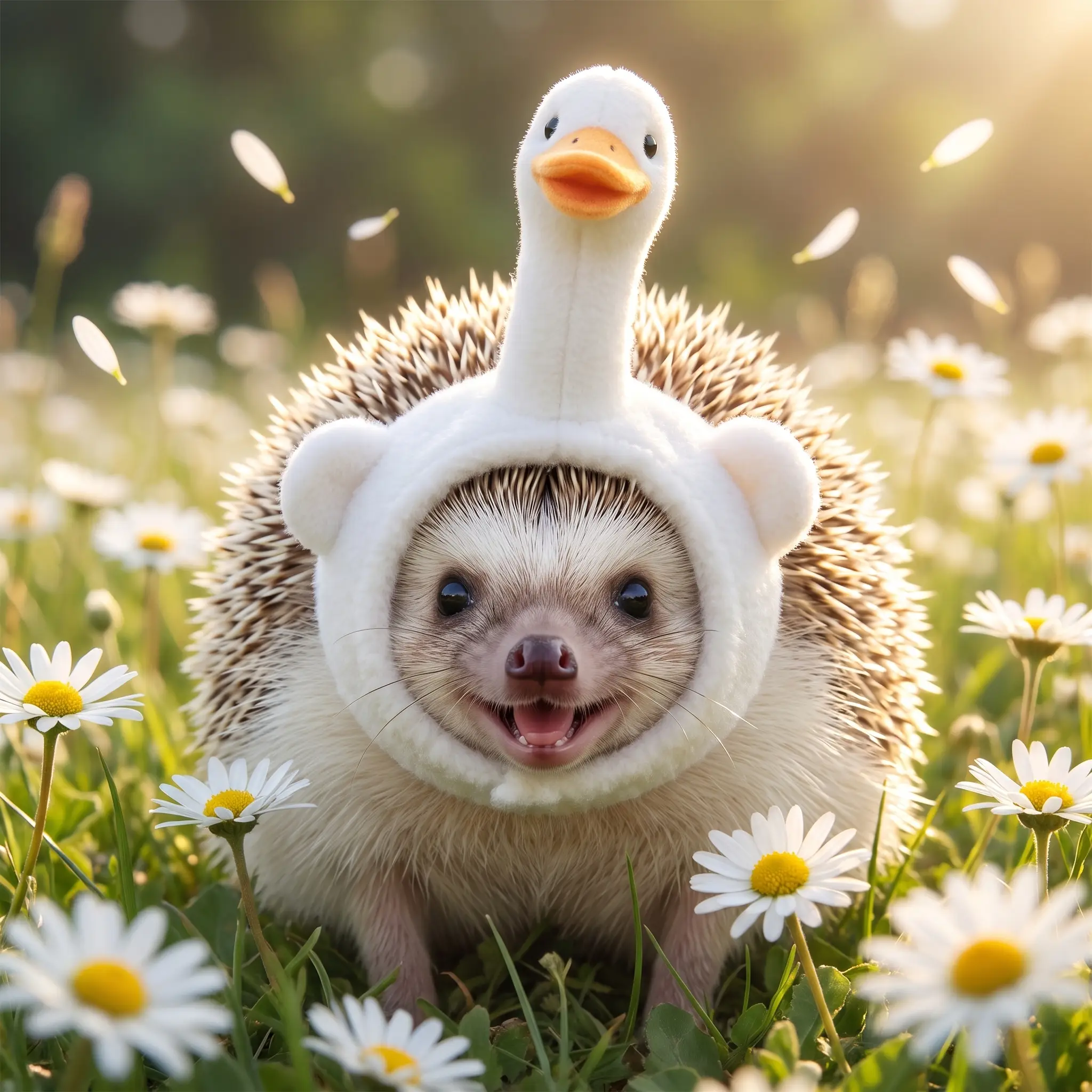 HedgeHog beaming with joy in a sunlit field of daisies