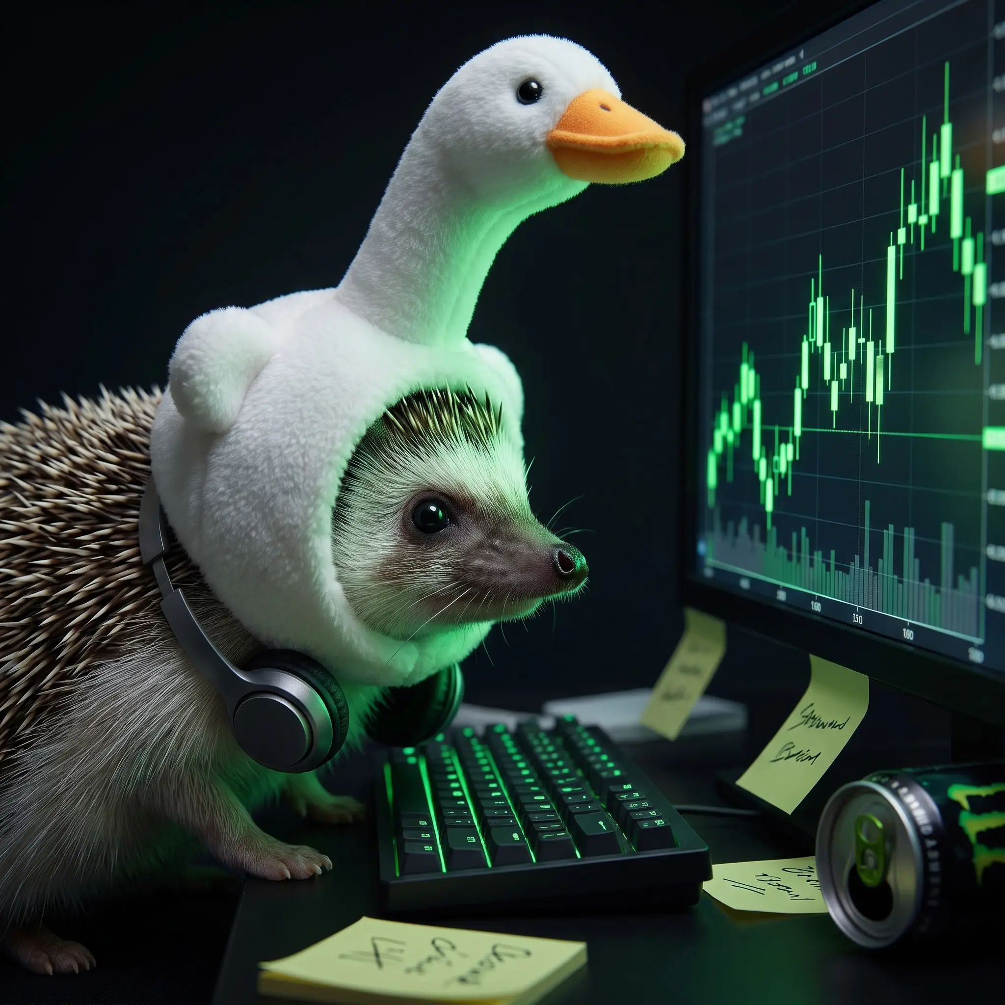 HedgeHog locked in, staring at candlestick charts in a dark room