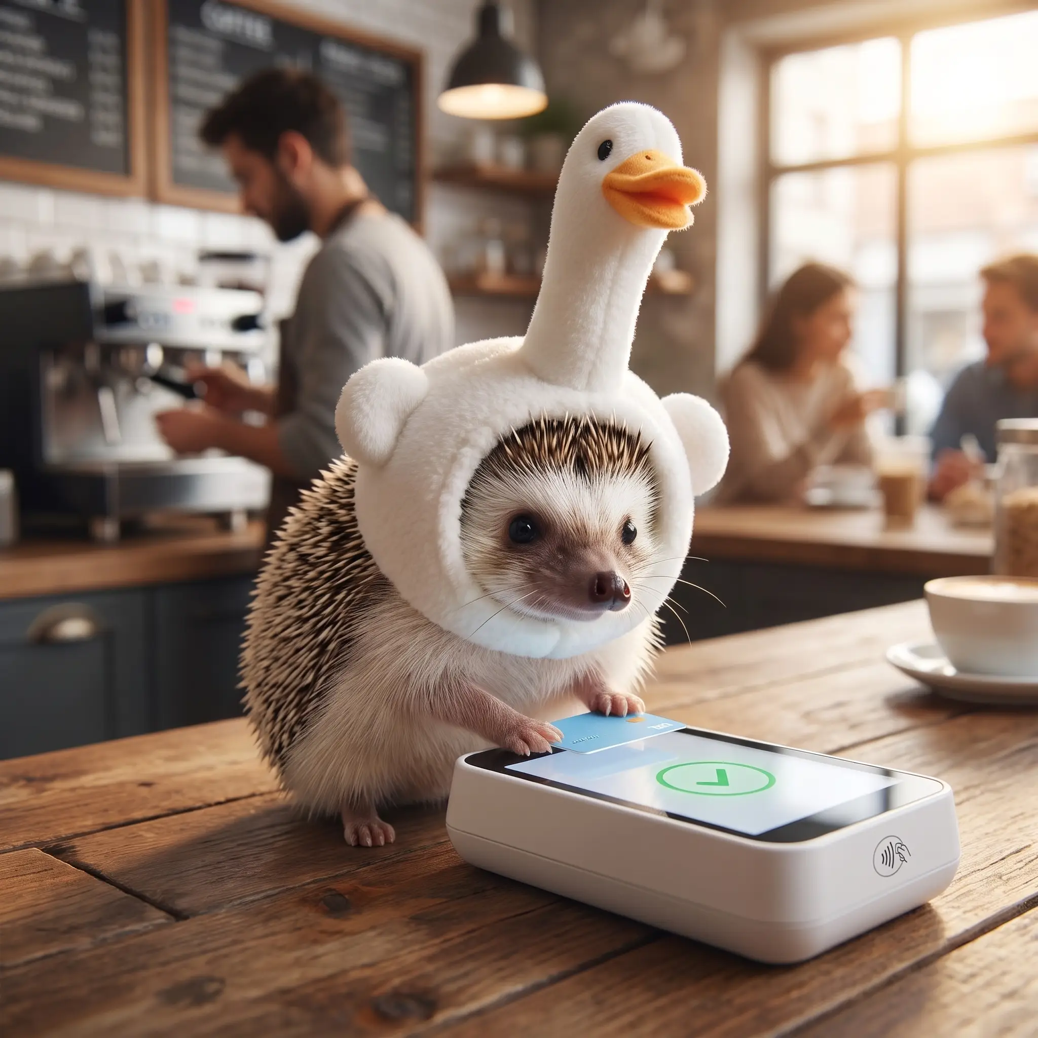 HedgeHog tapping a tiny blue card on a payment terminal at a café