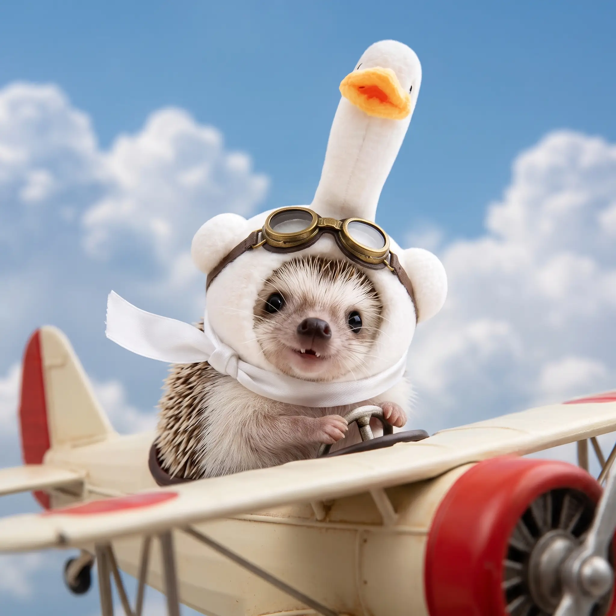 HedgeHog in a vintage biplane cockpit with aviator goggles on the duck hat
