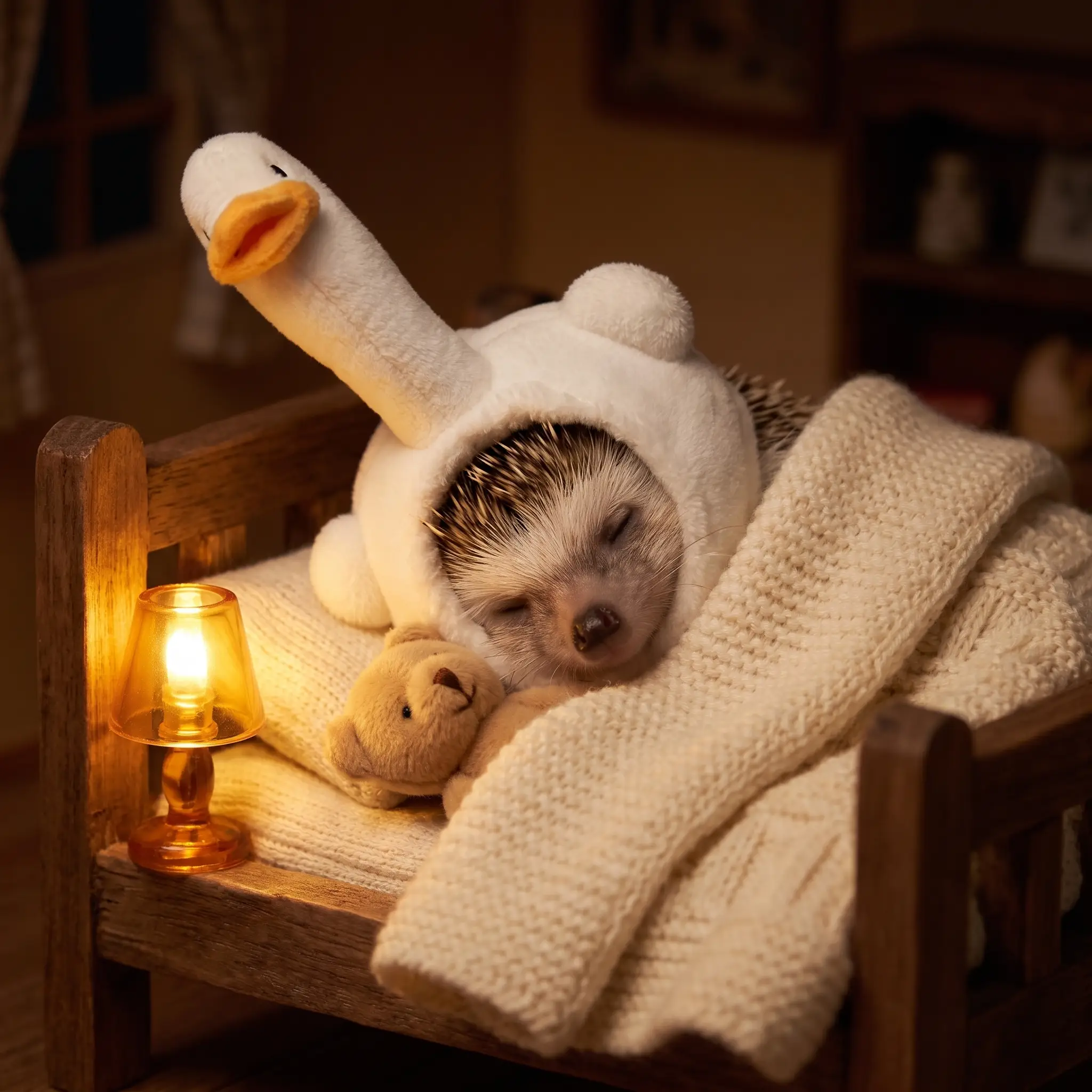 HedgeHog asleep in a tiny wooden bed under knitted blankets