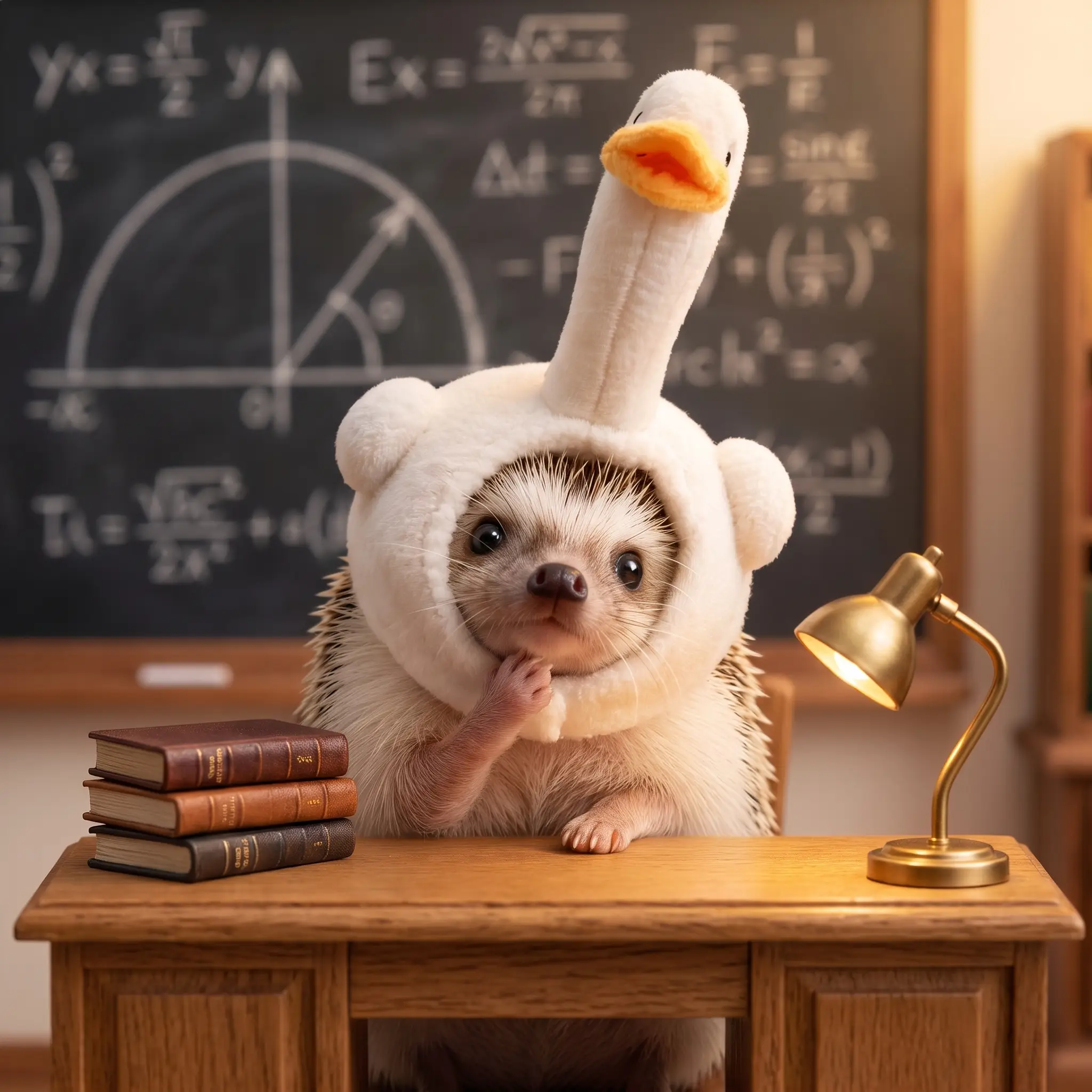 HedgeHog thinking, paw on chin, before a chalkboard of equations